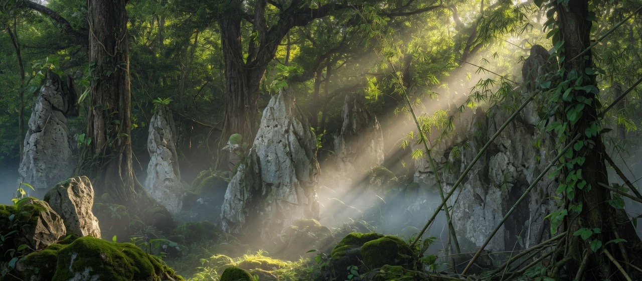 Morning light through limestone karst and monsoon forest.
