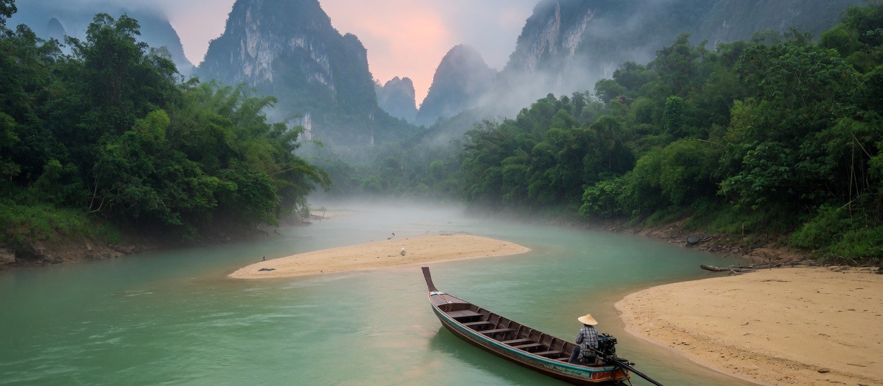 A long-tail boat on a jade river beneath misted karst.