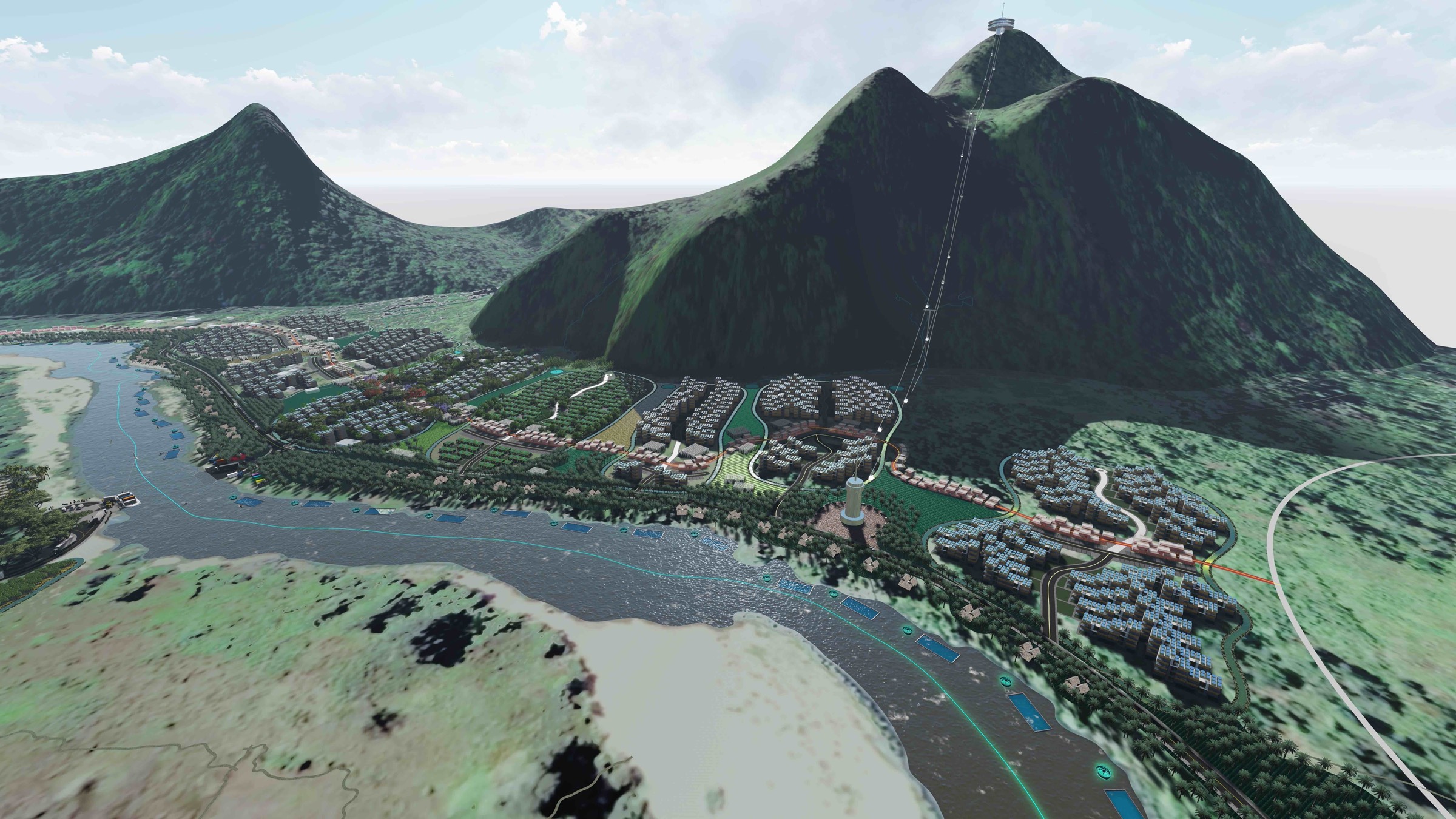 Architectural visualisation of a dense riverside township at the foot of karst mountains, with a cable line to a summit pavilion.