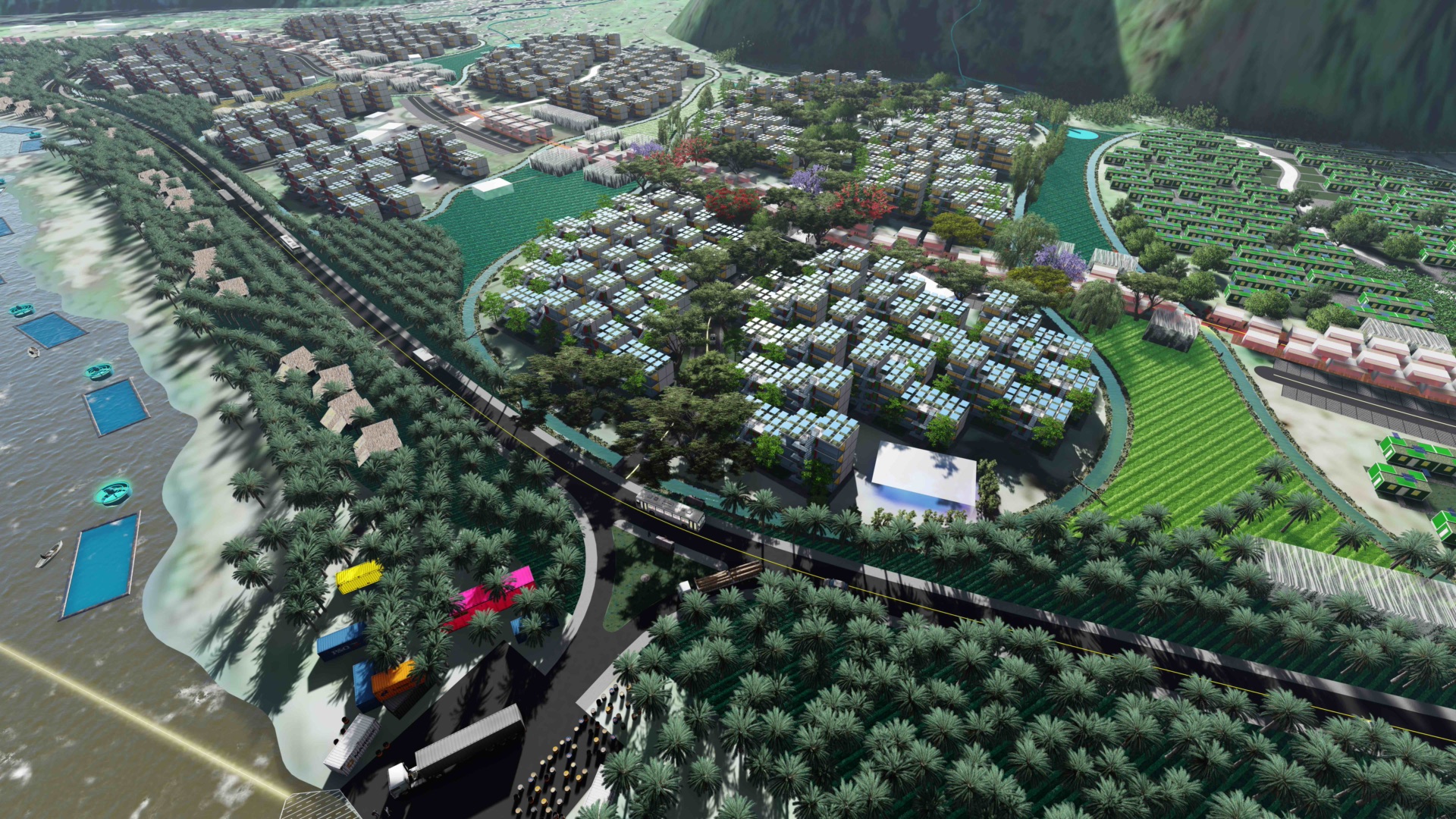 Aerial visualisation of housing clusters, fields and a road along the river.