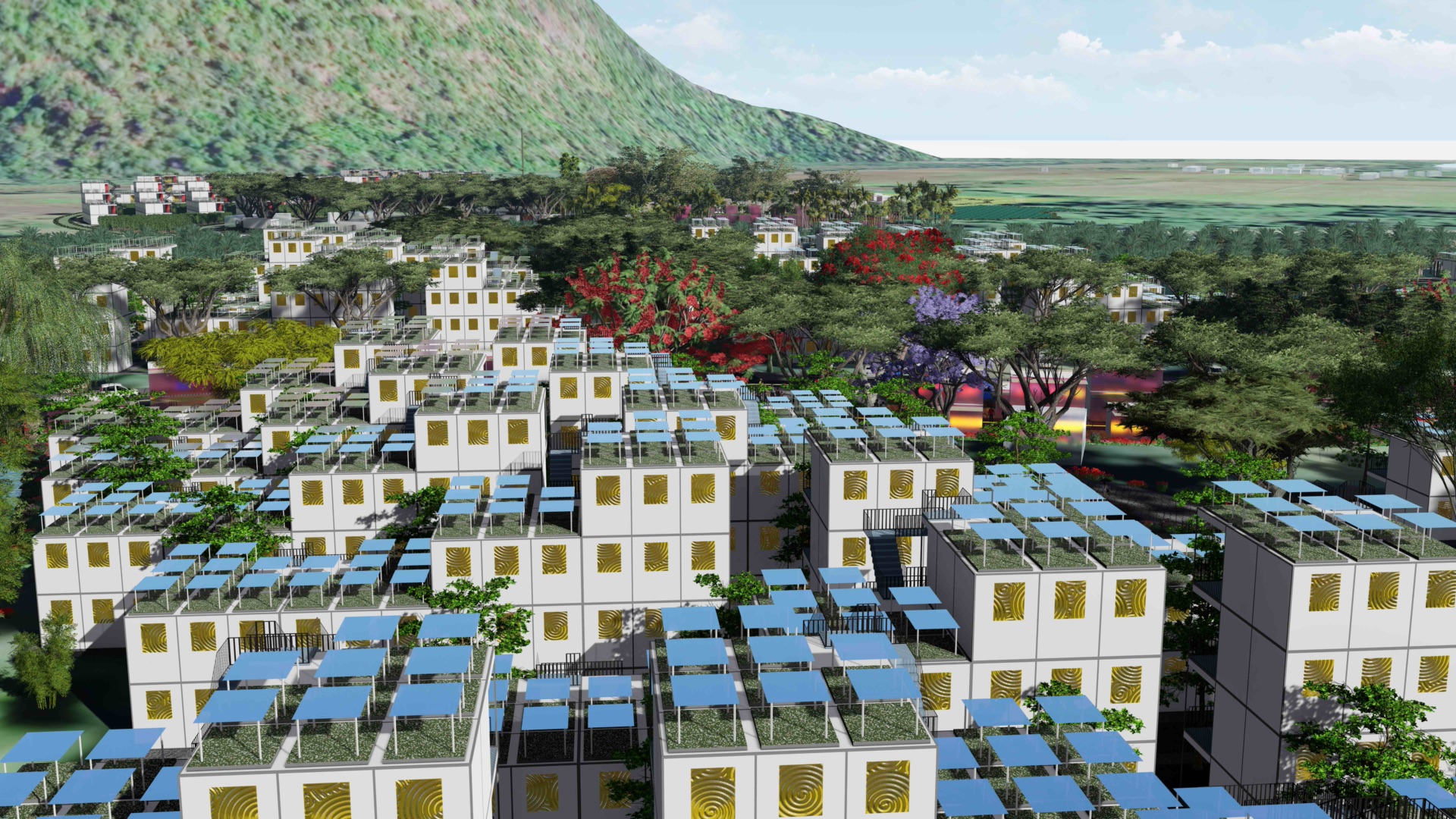 Close visualisation of stacked white housing blocks with gold screens and blue solar panels.