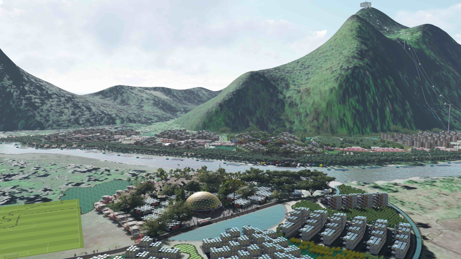 Visualisation looking across the river to a geodesic dome, a pitch and more housing.