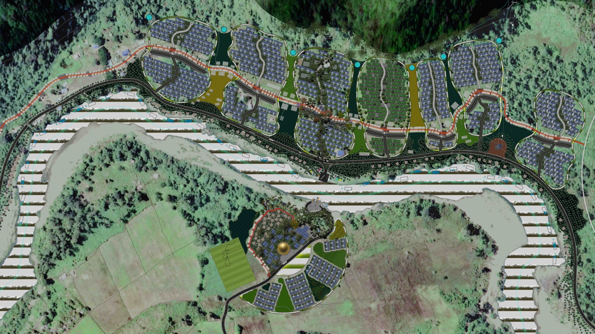 Plan visualisation of clustered housing along a river, seen from above.