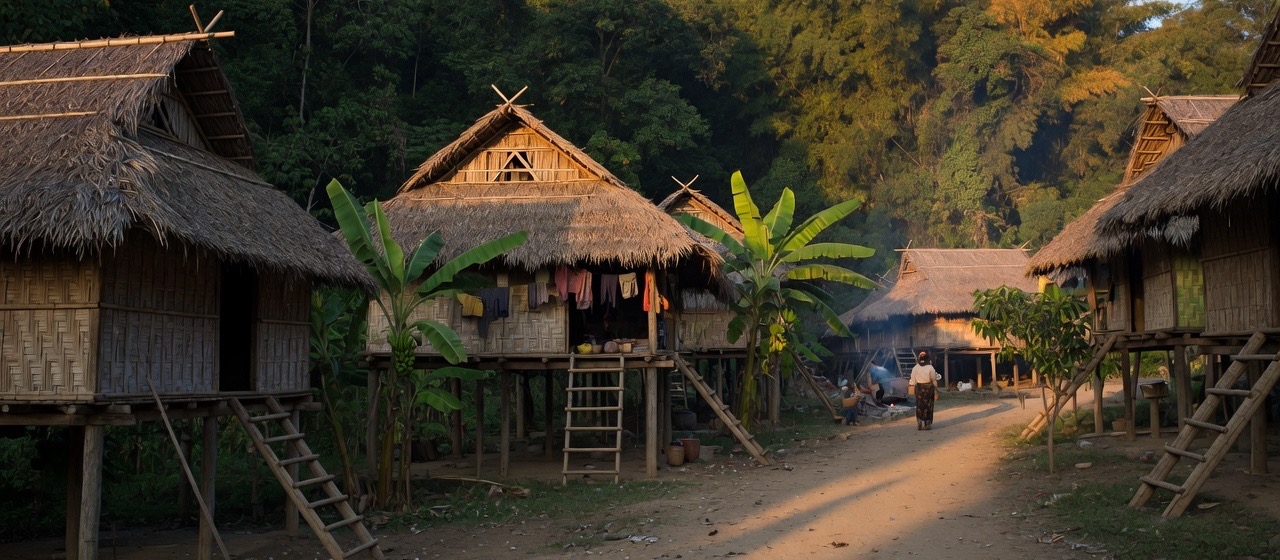 Raised thatch houses along a dirt path at the forest edge.